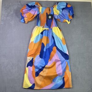 Jessie Zhao Dress Womens S Multicolor Tropical Love Smocked Midi Puff Sleeve NWT